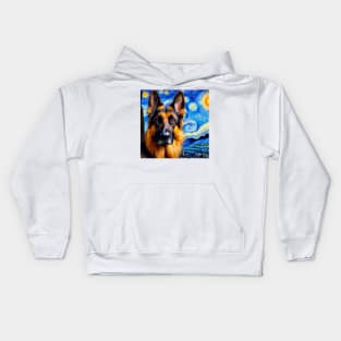 German Shepherd Starry Night Painting - Blue Contrast Kids Hoodie